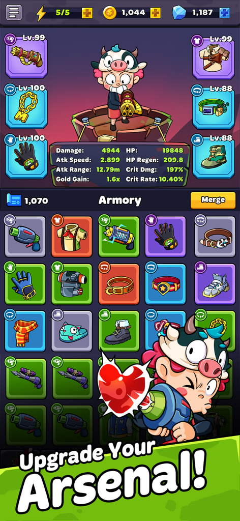 Night Valley - Tower Defense - Night Valley armory interface showing character stats and items available for merging and upgrades.