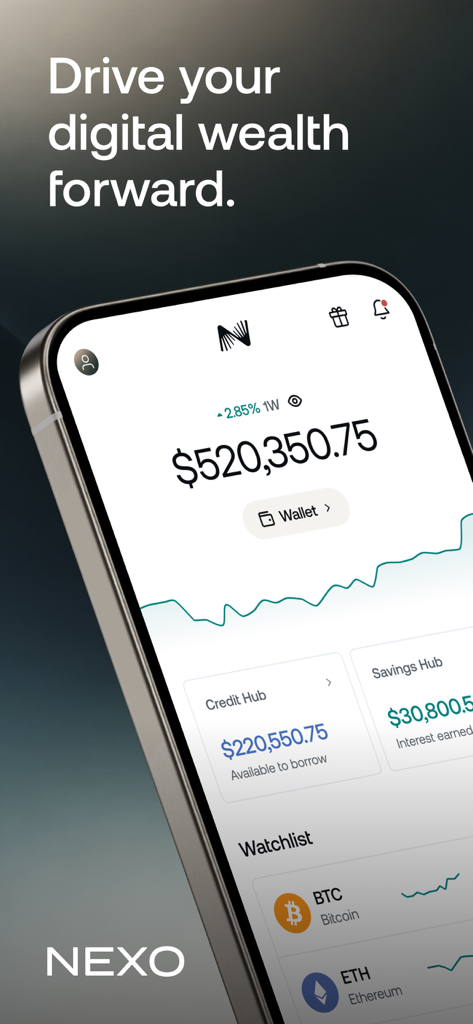Smartphone exibindo o painel do aplicativo Nexo com saldo de cripto e recursos do hub de crédito