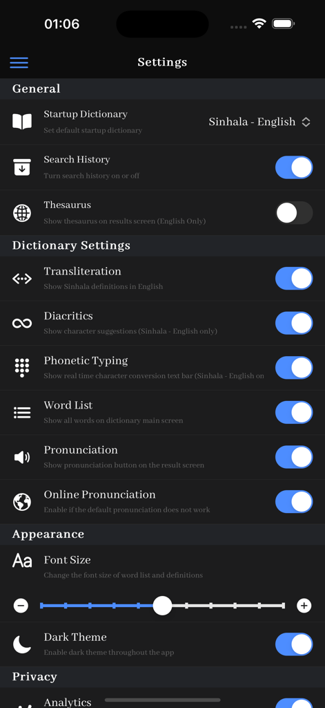 The settings interface of the Sinhala Dictionary Offline app showing various utility and appearance options.