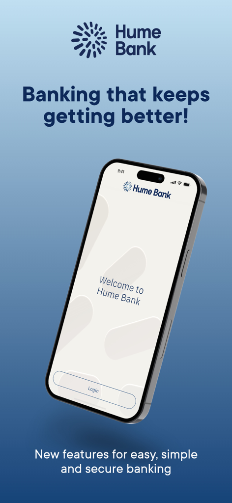 Hume Bank - Hume Bank mobile app welcome screen on a smartphone