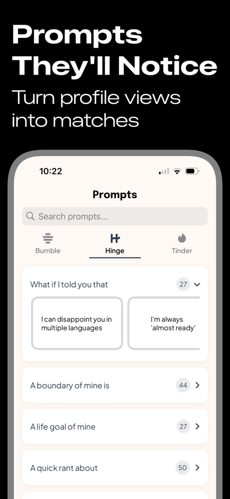 Pick up lines - TextWise - TextWise app interface showing dating profile prompt suggestions for Hinge Bumble and Tinder