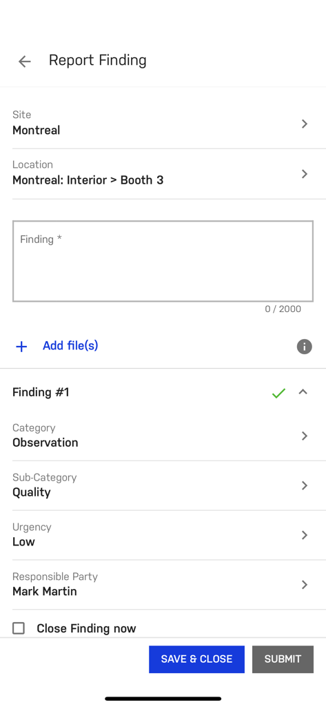 Digital audit report screen showing site location and quality observation details