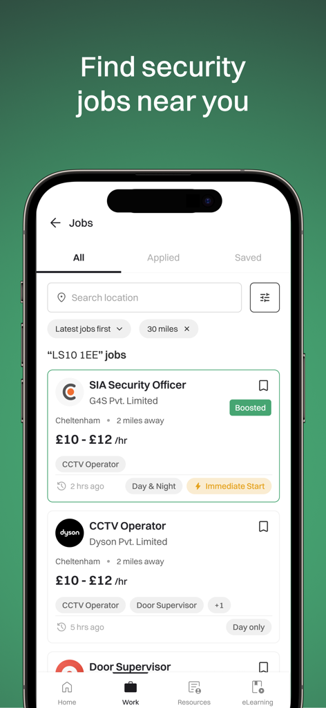GuardPass by Get Licensed - GuardPassモバイルアプリケーションに表示される警備職の求人リスト