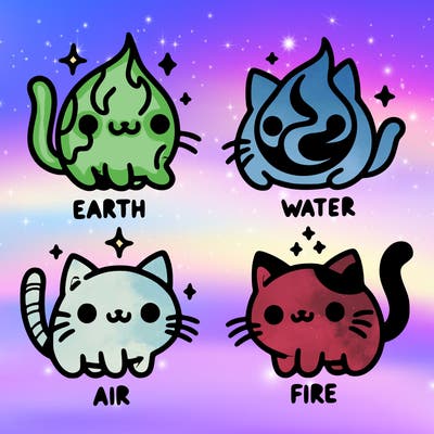 4 cats that represent the different elements, earth, water, air, and fire