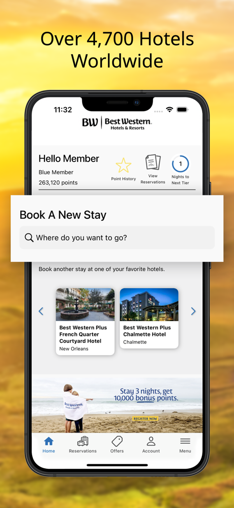 Best Western app home screen showing loyalty rewards points and a search bar for booking hotels