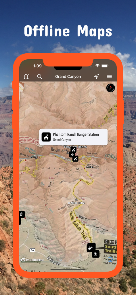 Screenshot of the National Parks Pocket Maps app showing a detailed offline topographic map of the Grand Canyon