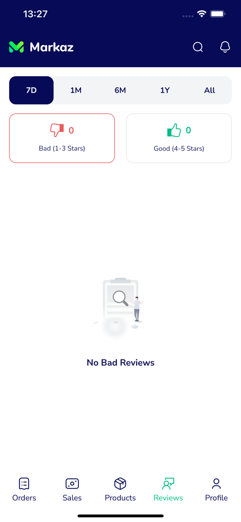 Painel de avaliações do aplicativo Markaz Fornecedor mostrando estatísticas de classificação e nenhuma avaliação ruim