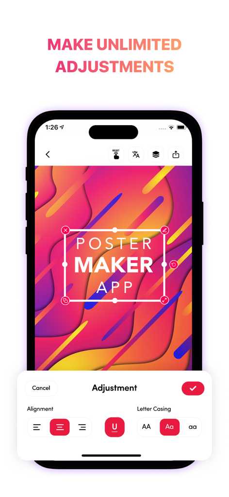 iPhone screen showing text alignment and casing adjustment tools in the Poster Maker app