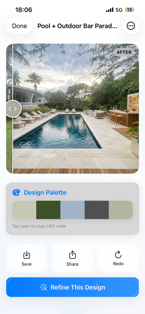 Room Lift - Ein Screenshot der Room Lift App, der eine KI-generierte Pool- und Bar-Neugestaltung im Freien mit einer interaktiven Farbpalette anzeigt.