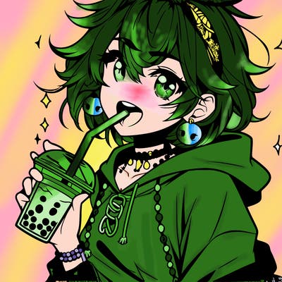 hot baddie anime girl drinking boba and biting the straw