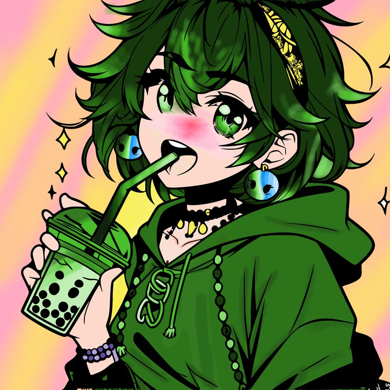 hot baddie anime girl drinking boba and biting the straw