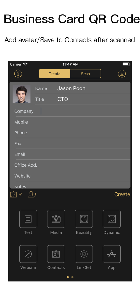 QR Code Studio Pro-QR Scanner - Interface of the QR Code Studio Pro app showing the business card creation screen with fields for name, title, and contact details.