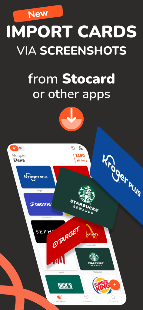 Fidme: Loyalty Cards, Cashback - Fidme app interface showing the feature to import loyalty cards via screenshots from other apps like Stocard