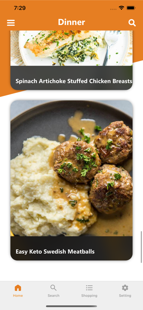 Keto Recipes: Low Carb Diet - Pantalla móvil de la aplicación Recetas Keto que muestra opciones de cenas bajas en carbohidratos, incluyendo pollo relleno y albóndigas.