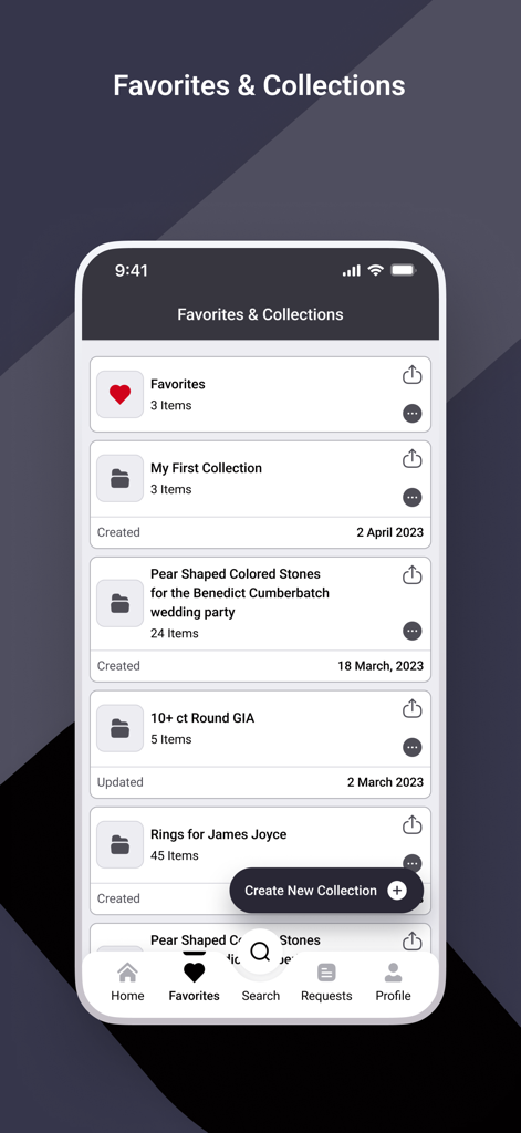 VDB - Virtual Diamond Boutique - Interface of the VDB app showing jewelry favorites and organized collections for diamond sourcing.