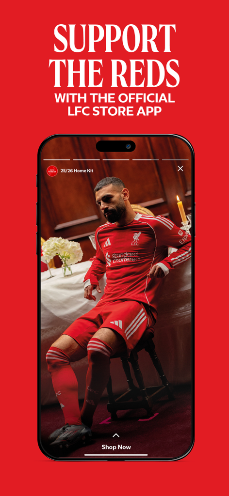 Official Liverpool FC Store - Willkommensbildschirm der offiziellen Liverpool FC Store App mit dem neuen Heimtrikot und dem Slogan 'Support the Reds'