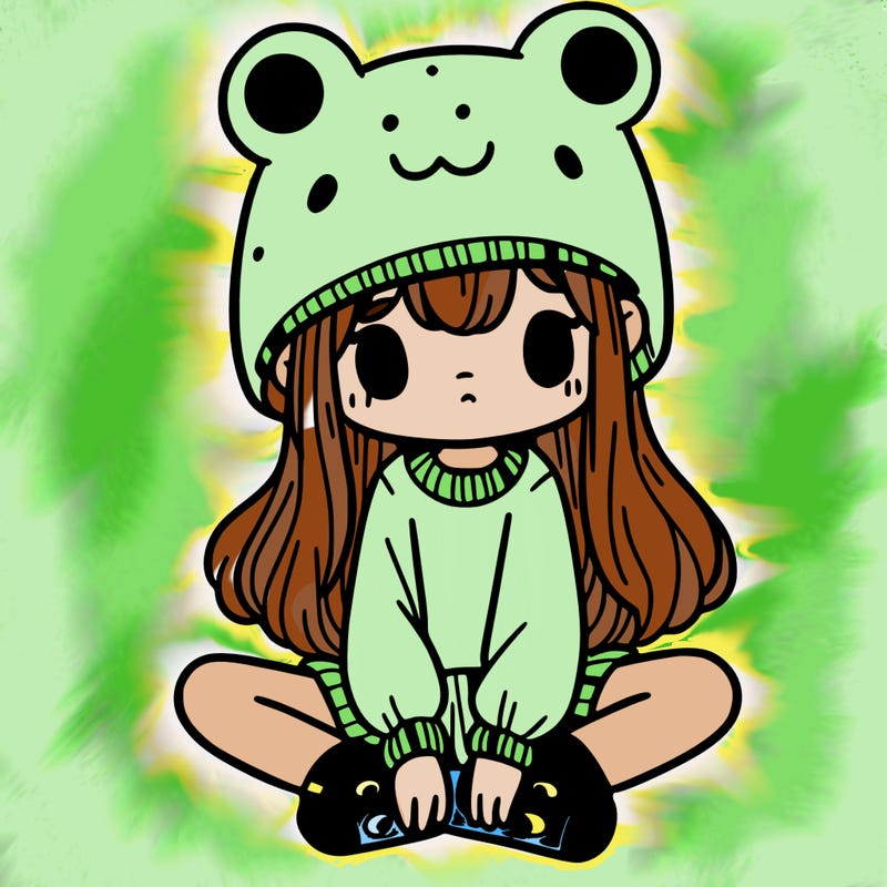 a girl wearing a frog hat and some frog socks