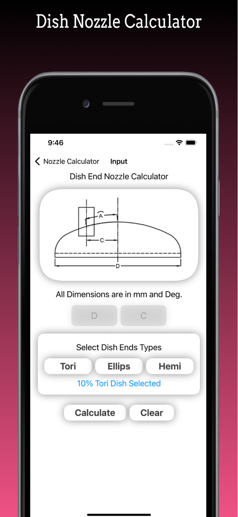 Interfaz de la aplicación Marcador de Orientación de Boquillas que muestra la Calculadora de Boquillas de Fondo con un diagrama técnico y selección de tipos de fondo Torisférico, Elíptico o Semiesférico.