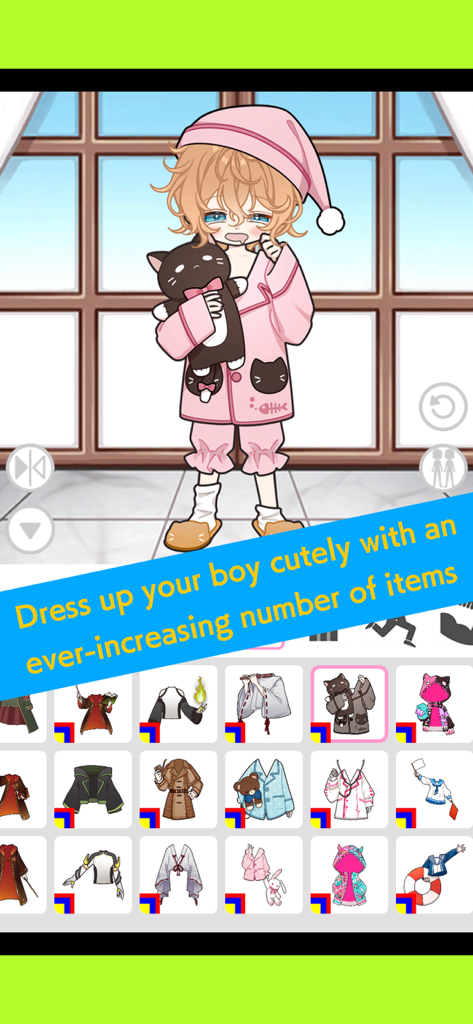 Black Lollipop Boys : OC Maker - Character customization screen with an anime boy in pajamas and a grid of outfit options