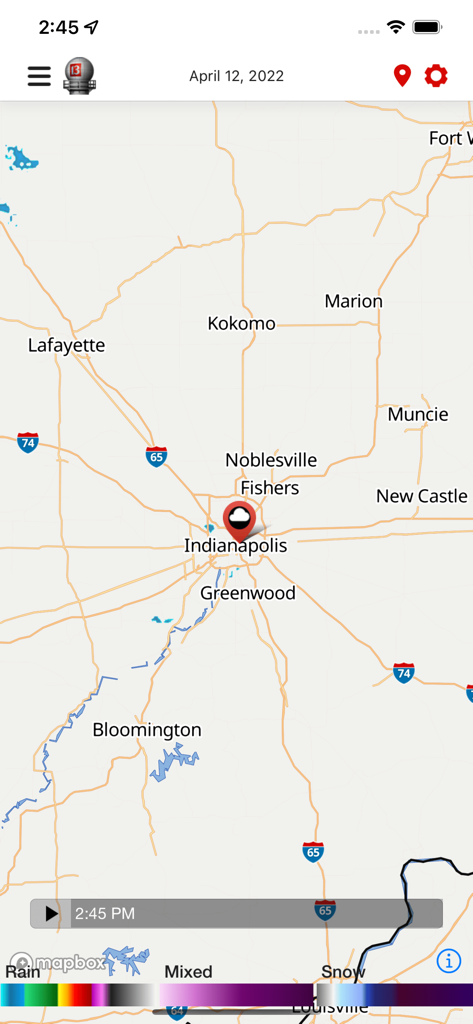 WTHR Live Doppler 13の気象マップ、インディアナポリスとインディアナ中央部