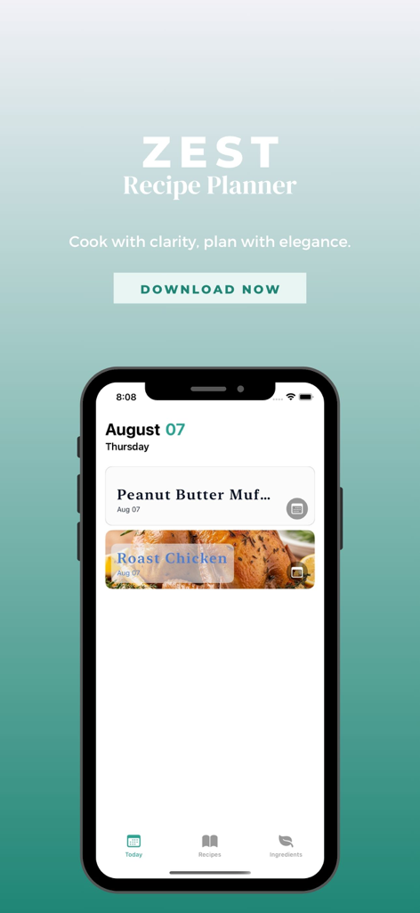 Zest Recipe Planner - Zest 레시피 플래너 모바일 인터페이스, 오늘의 식사 계획 표시