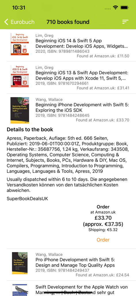 Interfaz de la aplicación Find-More-Books mostrando resultados de búsqueda de libros técnicos con comparación detallada de precios y opciones de pedido
