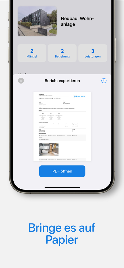 Mobile app interface showing a professional construction report preview and a button to open the PDF document