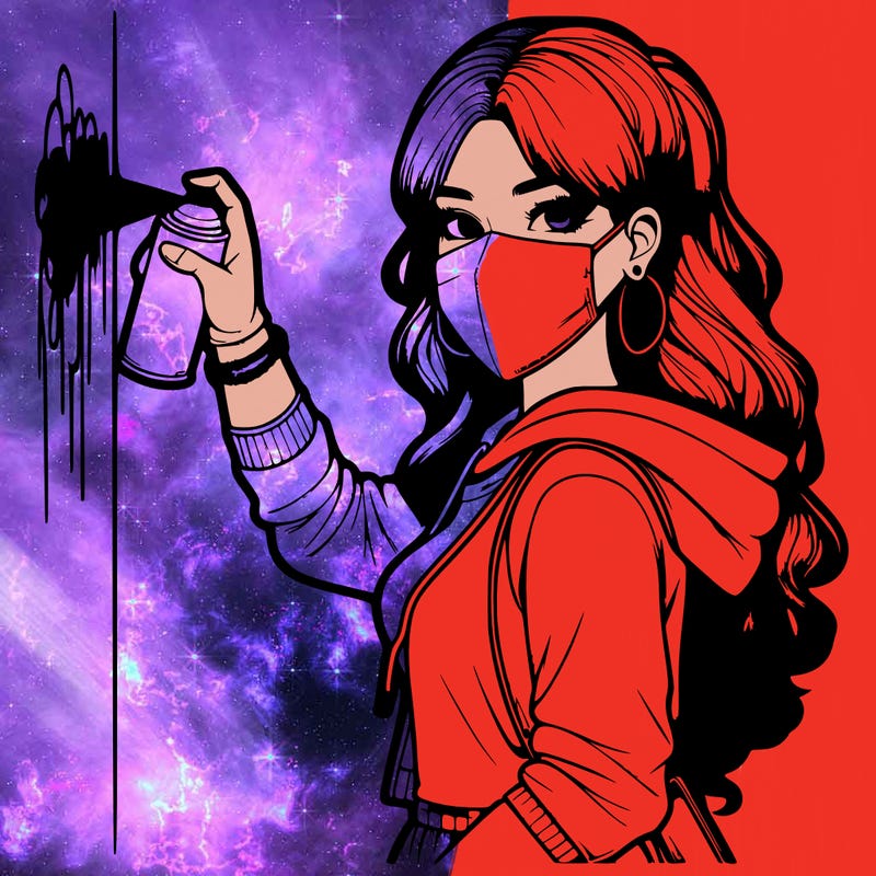 realistic girl with mask spray painting a wall