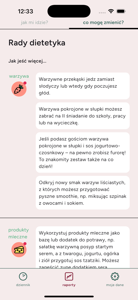 Dietician advice section of the Dziennik Diety app showing tips for incorporating more vegetables and dairy into a daily diet.