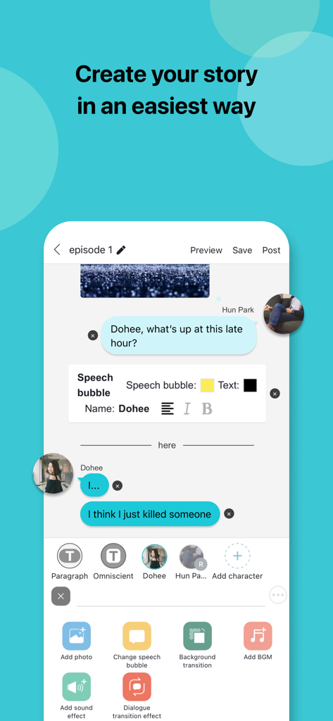 Interface para criar histórias de chat no aplicativo Chatie mostrando bolhas de texto e ferramentas de edição.