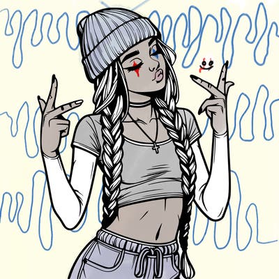 realistic teenage girl with braids and a beanie and crop top doing 🫶🏼