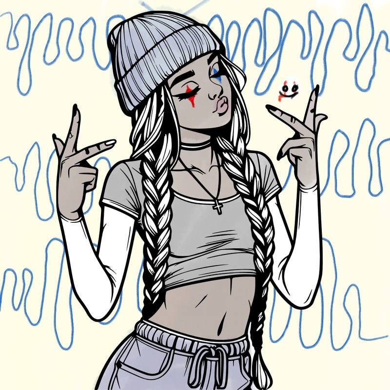 realistic teenage girl with braids and a beanie and crop top doing 🫶🏼