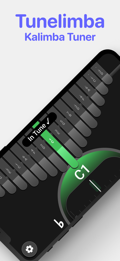 Visual kalimba tuning interface on a smartphone showing a note in tune with green highlights.