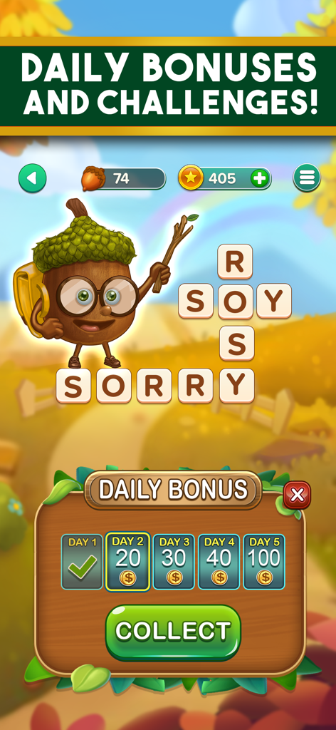 Word Nut game screenshot showing a crossword puzzle with an acorn character and a daily bonus reward pop-up