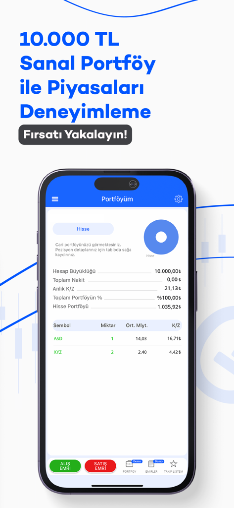 Gedik Trader - Gedik Trader mobile app screenshot displaying a virtual trading portfolio with a 10000 TL balance for market practice