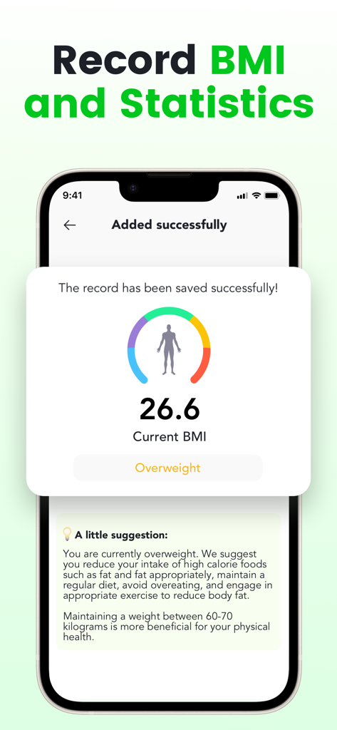 Daily Health-BMI & BP Tracker - Interface of the Daily Health app showing a recorded BMI of 26.6 categorized as overweight with health suggestions