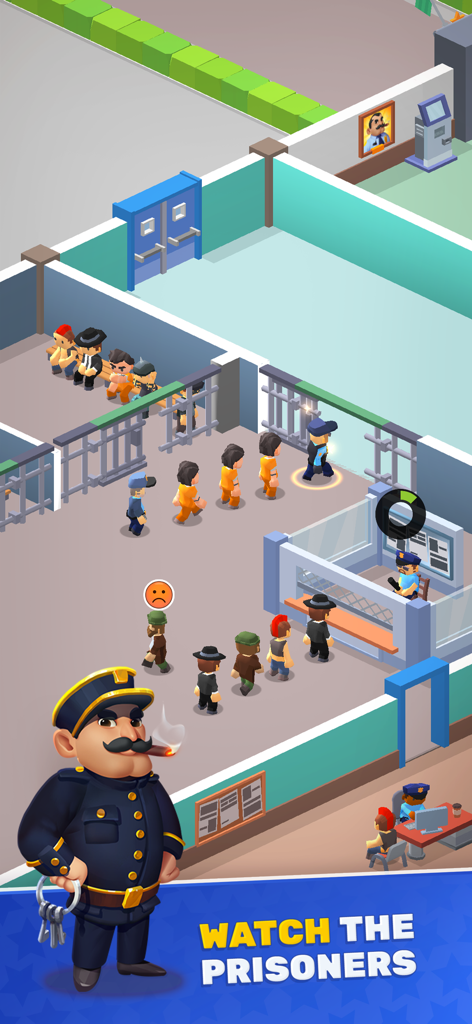 Police Department Tycoon - A police officer character overseeing a line of prisoners and suspects in a station management simulation