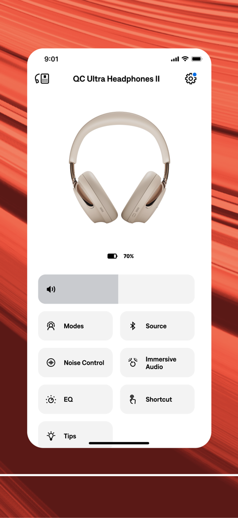Bose app interface for QC Ultra Headphones II showing noise control and EQ settings