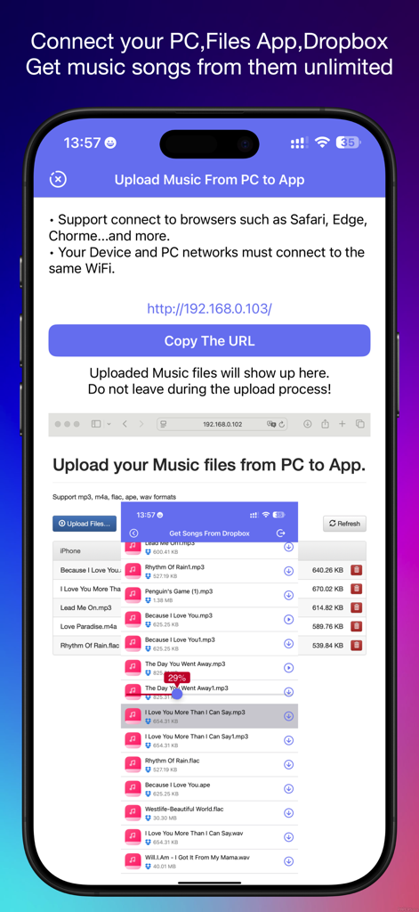 Musix - Music Player Offline - Interface showing how to upload music from PC and Dropbox to the Musix offline player app