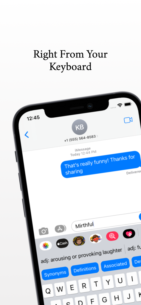 The OneLook Thesaurus custom keyboard active in an iPhone messaging app