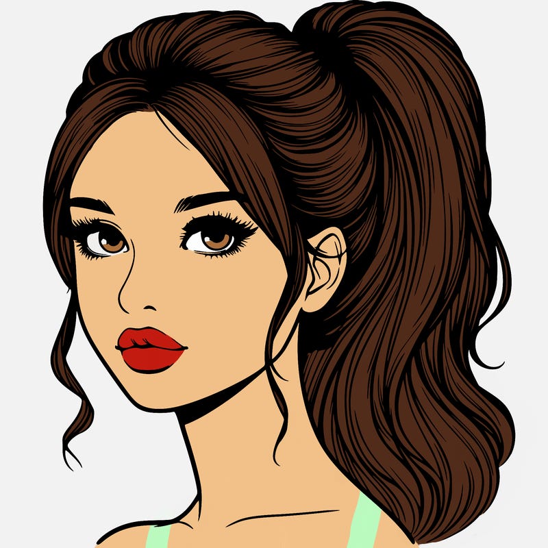 realistic girl with ponytail on the top of her hair and lips