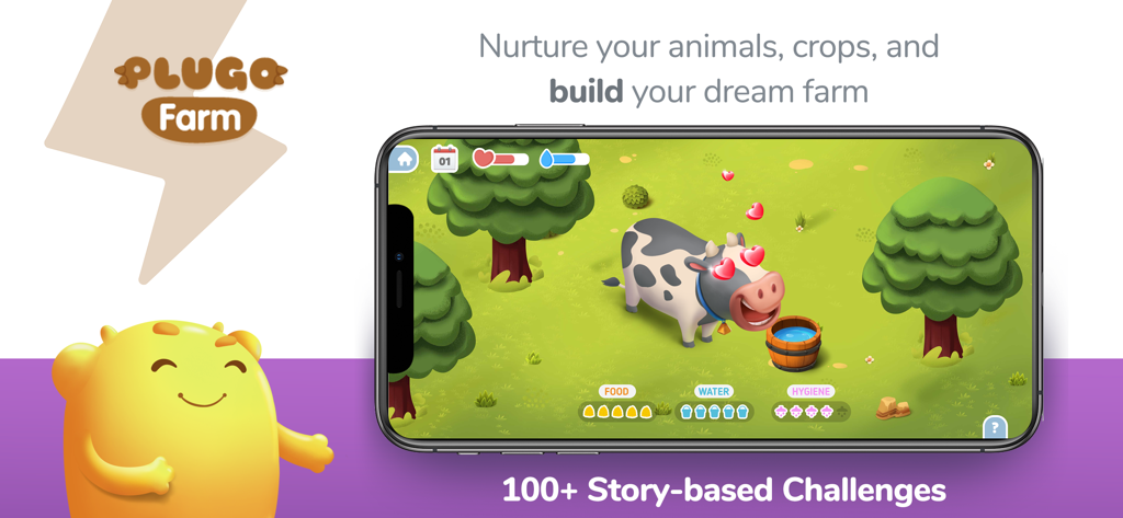 Plugo by PlayShifu - 스마트폰의 Plugo Farm 게임 인터페이스, 만화 소와 동물 돌보기 작업 표시