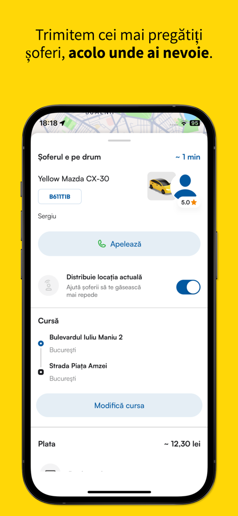 Meridian - Mobile screen showing a taxi driver on the way with car details and fare estimate in Bucharest.