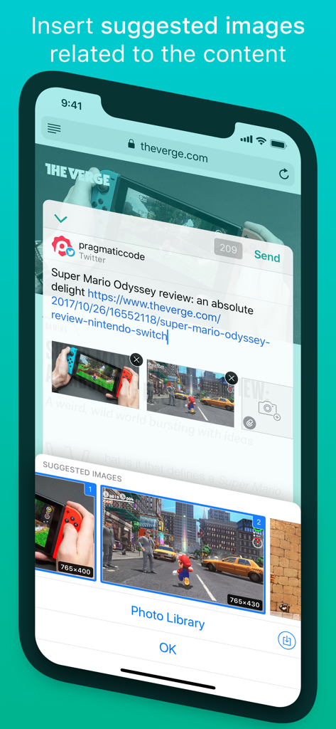 iPhone screenshot of Linky app inserting suggested images from a website link into a social media post.