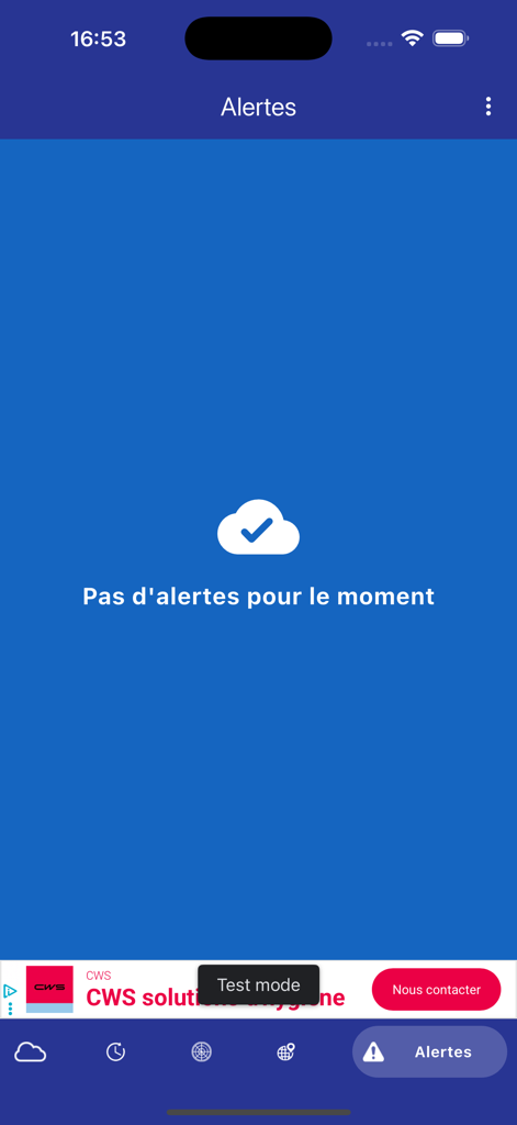 Screenshot of the Météo Belgique app alerts interface showing no current weather warnings