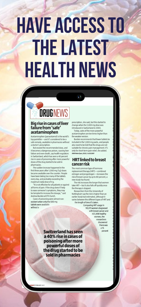 What Doctors Don’t Tell You - A smartphone displaying health news articles about drug risks from the What Doctors Don't Tell You app.