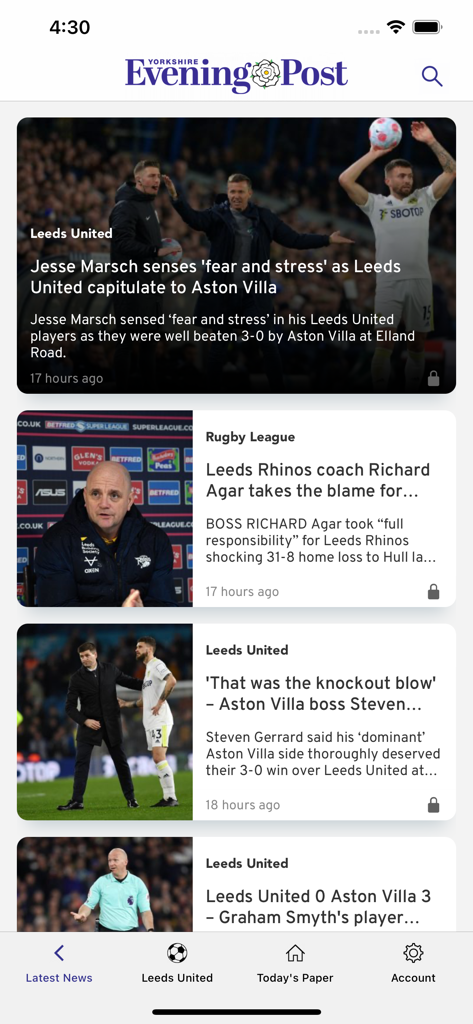Yorkshire Evening Post app interface showing news articles about Leeds United and Leeds Rhinos.