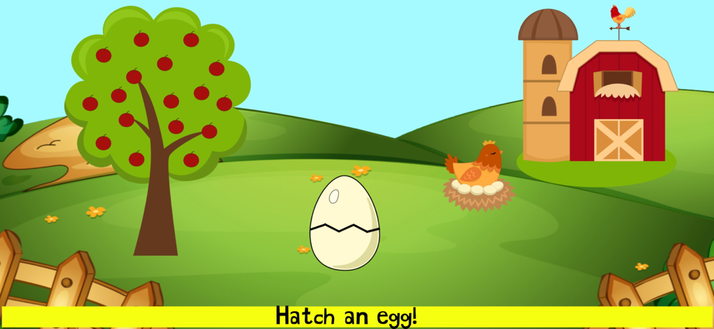 Educational kids game screen showing a farm landscape with an apple tree a hen and a large egg ready to hatch