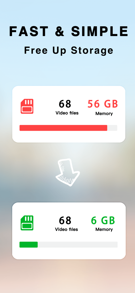 Video Compressor - Save Space+ - Gráfico mostrando el almacenamiento de video reducido de 56GB a 6GB usando la aplicación compresora de video