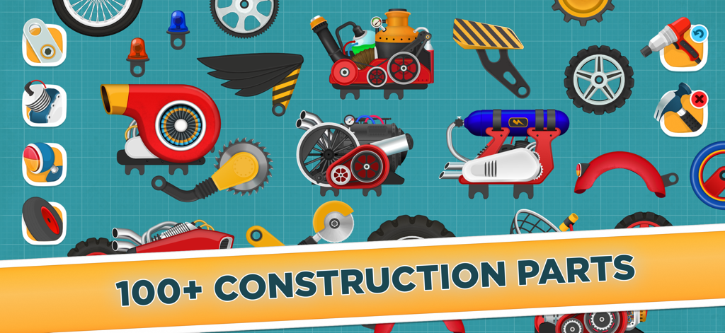 Eine Sammlung von über 100 farbenfrohen mechanischen Autobau-Teilen und Werkzeugen für Kinder